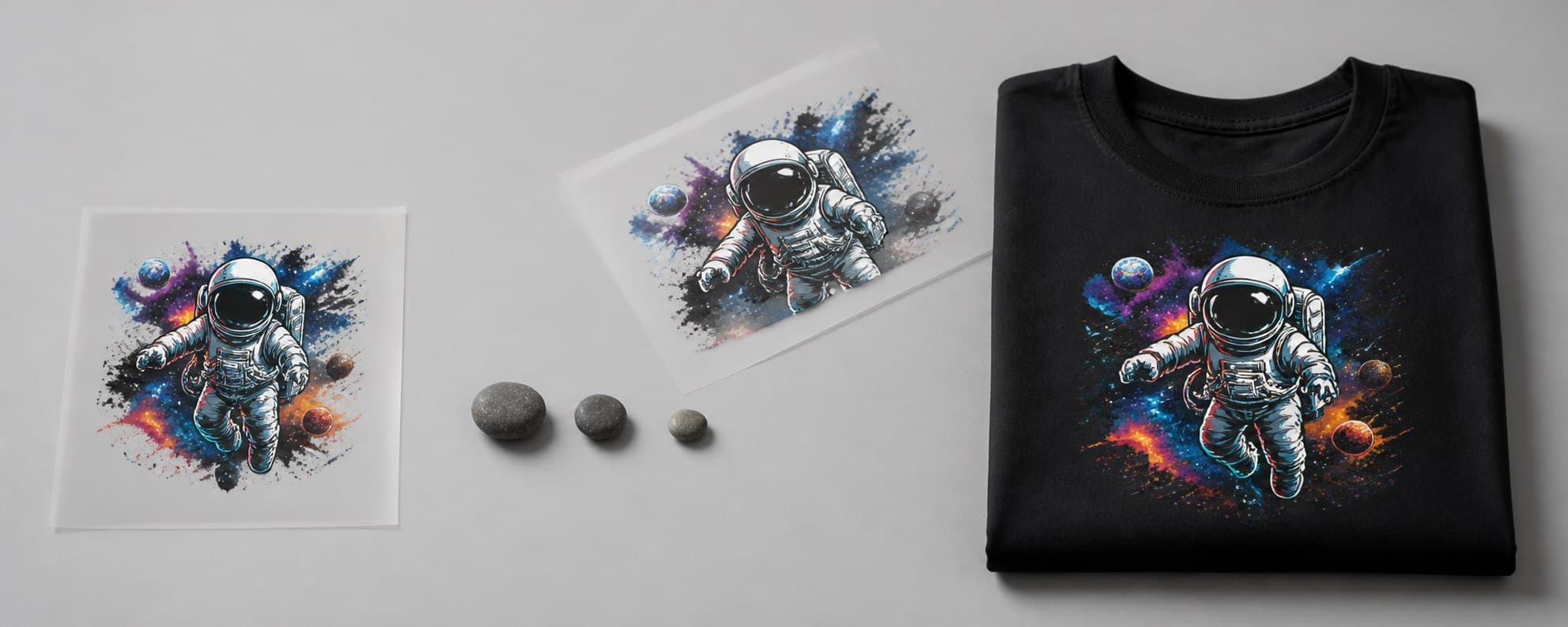 Ilustrativni prikaz motiva astronavta na DTF foliji in črni majici